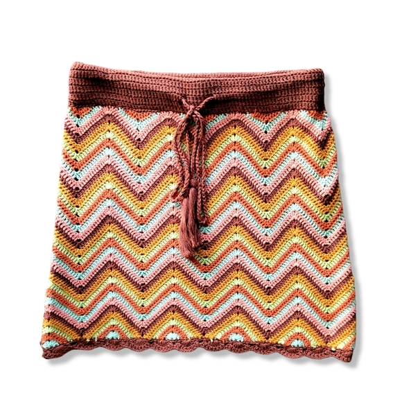F21 Crochet Knit Cheveron Cottagecore Boho Mini Skirt, M - Picture 6 of 9